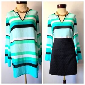 Michael Kors Semi Sheer Green, White And Black Striped Tunic Blouse. Size Small